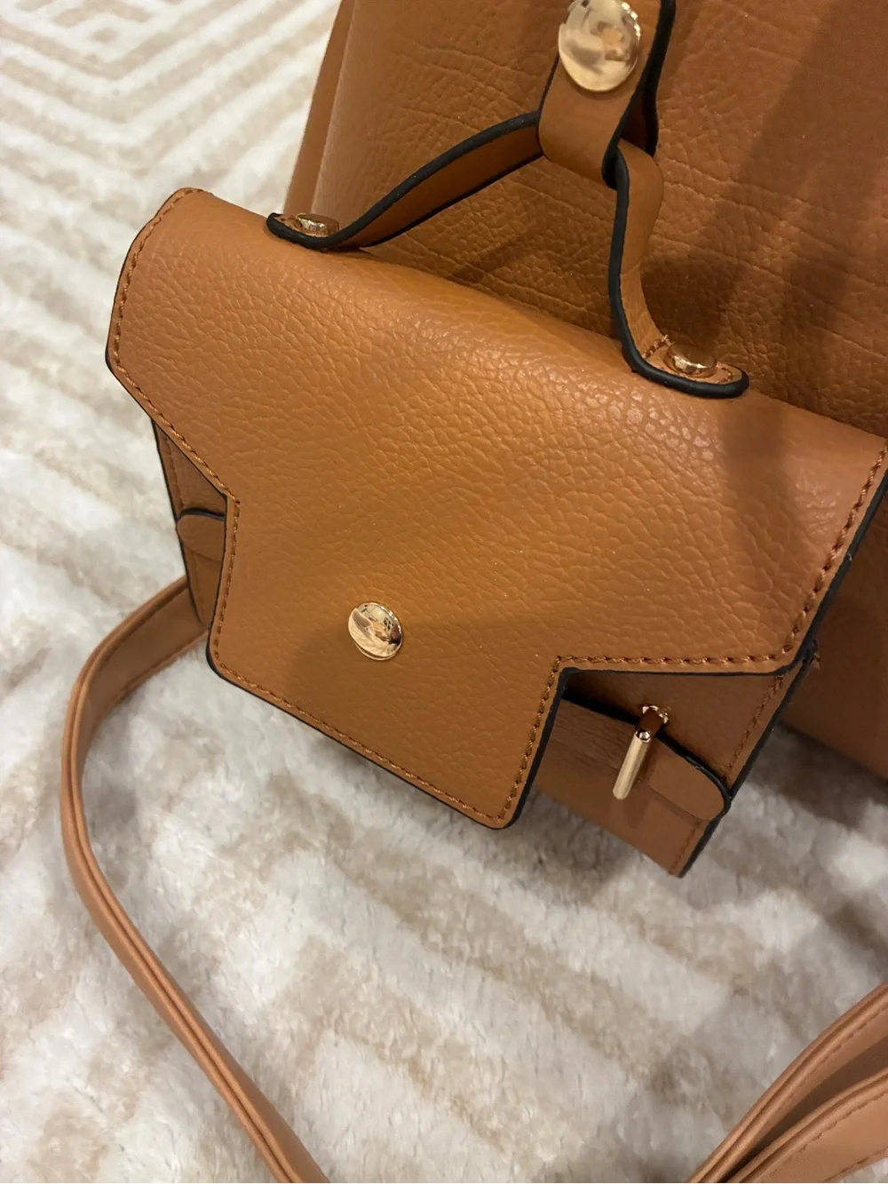 Structured Tan Satchel with Detachable Pouch and Gold-Tone Accents
